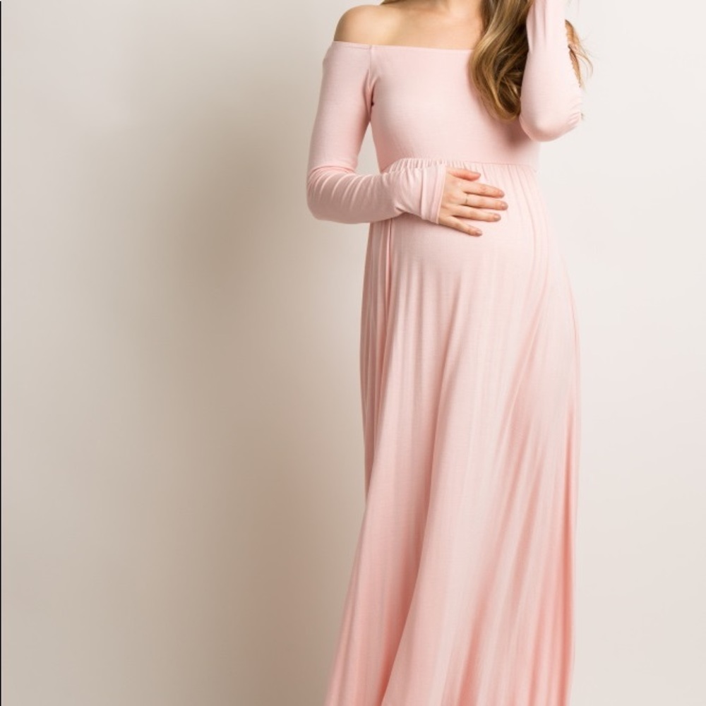 Pink Blush Pink Off Shoulder Maternity Maxi Dress